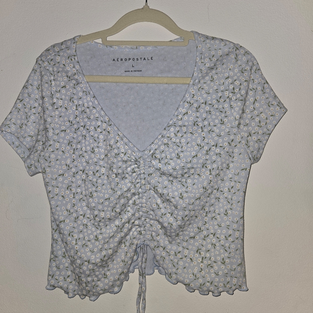 Aeropostale Light Blue Croptop With Flowers SIZE: Large